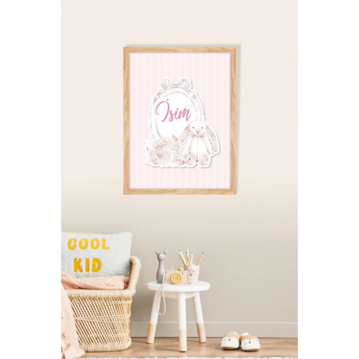 İsme Özel Boyutlu Soft Pink Tavşan Ahşap Çerçeve 30x40cm Tablo, Hastane Odası Kapı Süsü, Çocuk Odası, Dekorasyon