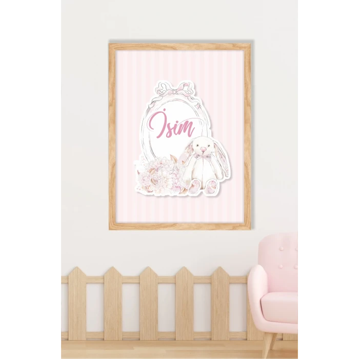İsme Özel Boyutlu Soft Pink Tavşan Ahşap Çerçeve 30x40cm Tablo, Hastane Odası Kapı Süsü, Çocuk Odası, Dekorasyon
