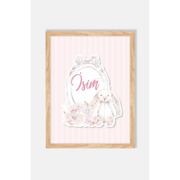 İsme Özel Boyutlu Soft Pink Tavşan Ahşap Çerçeve 30x40cm Tablo, Hastane Odası Kapı Süsü, Çocuk Odası, Dekorasyon