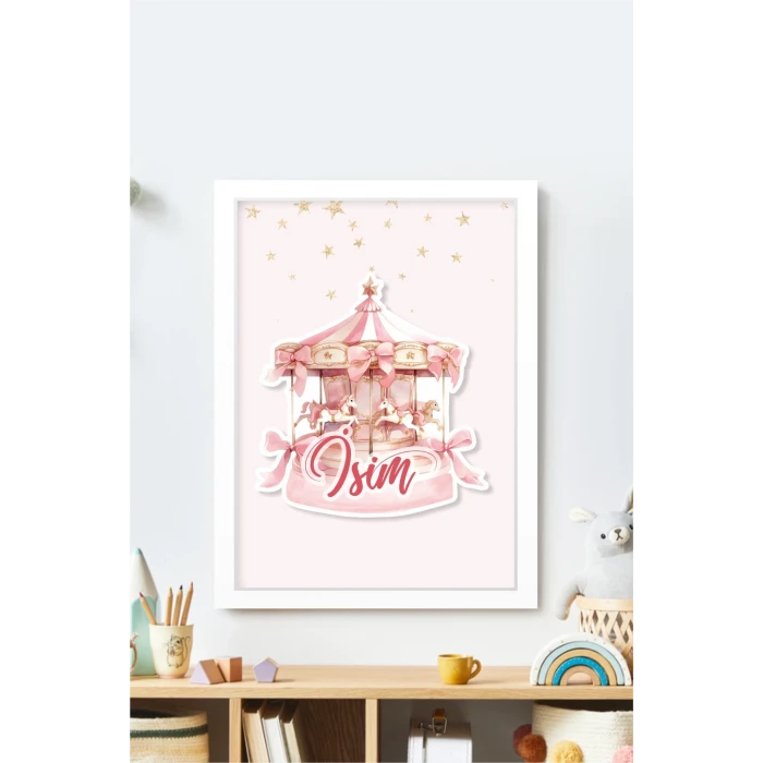 İsme Özel Boyutlu Pembe Atlıkarınca Beyaz Çerçeve 30x40 cm Tablo, Hastane Odası Kapı Süsü, Çocuk Odası, Dekorasyon