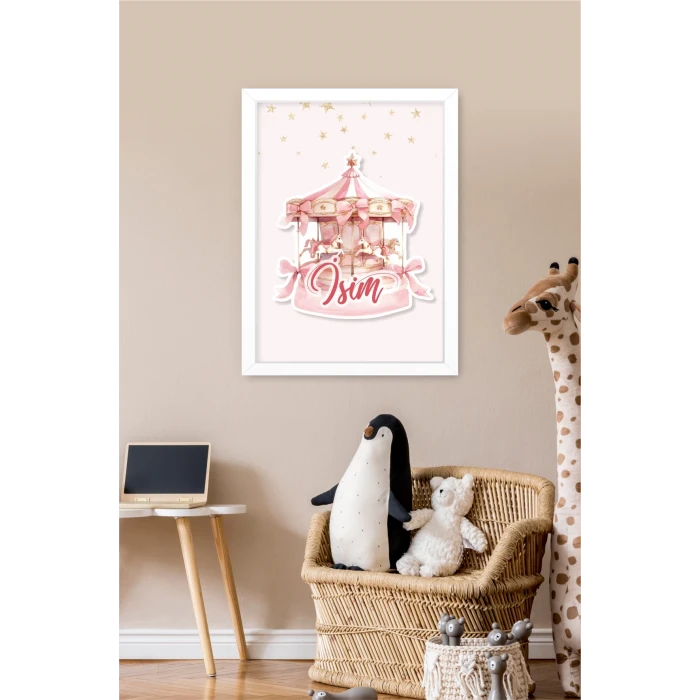 İsme Özel Boyutlu Pembe Atlıkarınca Beyaz Çerçeve 30x40 cm Tablo, Hastane Odası Kapı Süsü, Çocuk Odası, Dekorasyon