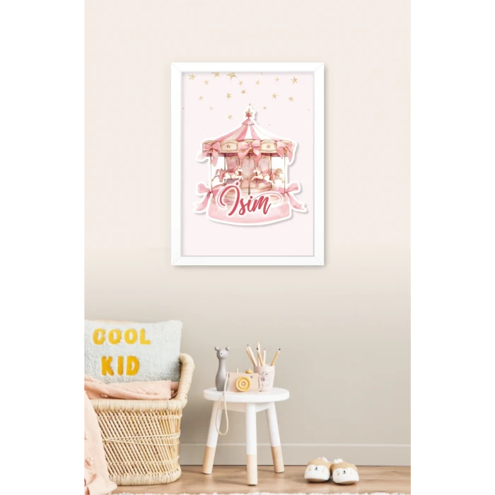 İsme Özel Boyutlu Pembe Atlıkarınca Beyaz Çerçeve 30x40 cm Tablo, Hastane Odası Kapı Süsü, Çocuk Odası, Dekorasyon
