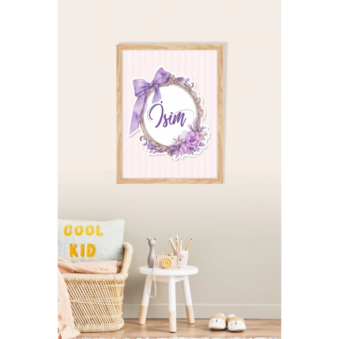 İsme Özel Boyutlu Mor Fiyonk Ahşap Çerçeve 30x40cm Tablo, Hastane Odası Kapı Süsü, Çocuk Odası, Dekorasyon
