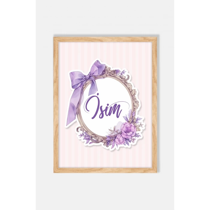 İsme Özel Boyutlu Mor Fiyonk Ahşap Çerçeve 30x40cm Tablo, Hastane Odası Kapı Süsü, Çocuk Odası, Dekorasyon