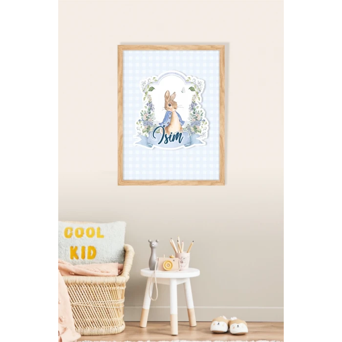 İsme Özel Boyutlu Peter Rabbit Ahşap Çerçeve 30x40cm Tablo, Hastane Odası Kapı Süsü, Çocuk Odası, Dekorasyon
