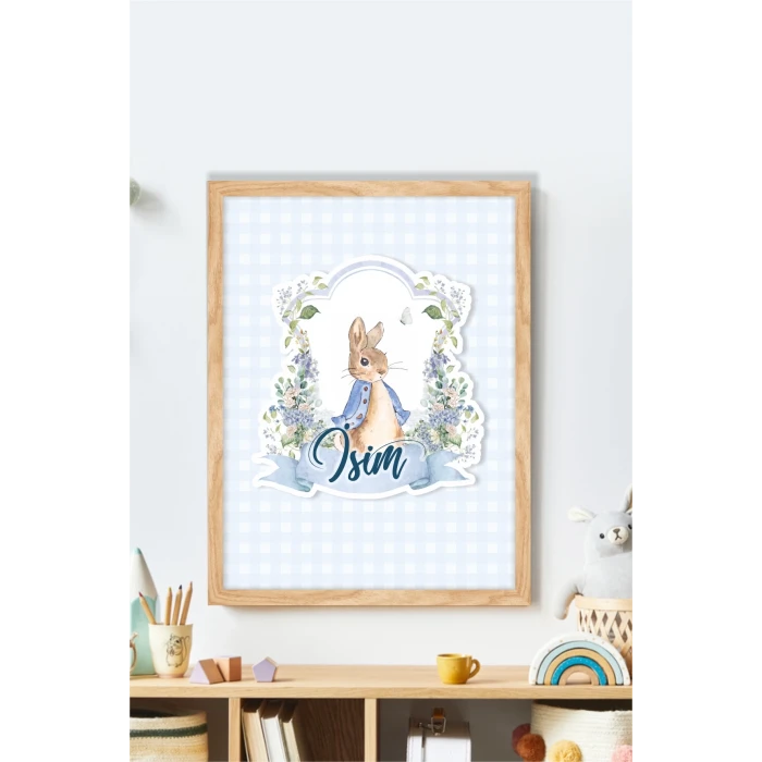 İsme Özel Boyutlu Peter Rabbit Ahşap Çerçeve 30x40cm Tablo, Hastane Odası Kapı Süsü, Çocuk Odası, Dekorasyon