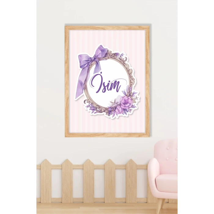 İsme Özel Boyutlu Mor Fiyonk Ahşap Çerçeve 30x40cm Tablo, Hastane Odası Kapı Süsü, Çocuk Odası, Dekorasyon