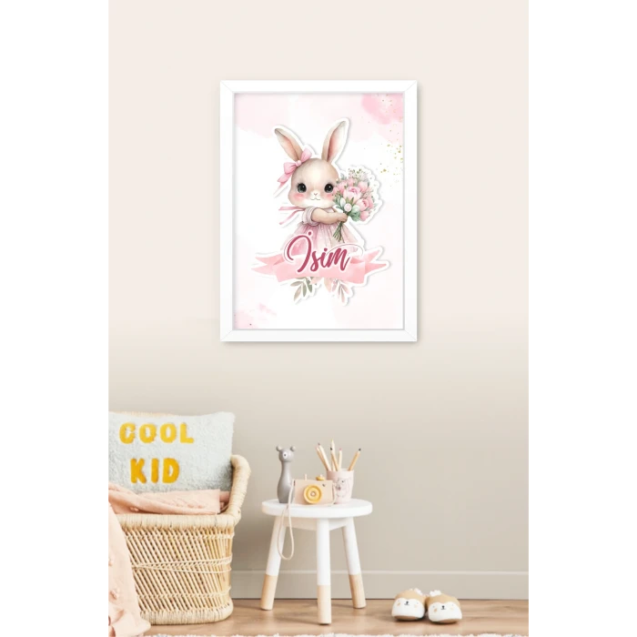İsme Özel Pembe Çiçekli Tavşan Beyaz Çerçeve 30x40 cm Tablo, Hastane Odası Kapı Süsü, Çocuk Odası, Dekorasyon
