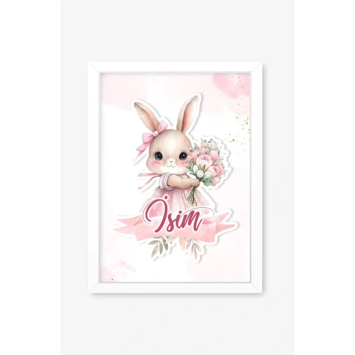 İsme Özel Pembe Çiçekli Tavşan Beyaz Çerçeve 30x40 cm Tablo, Hastane Odası Kapı Süsü, Çocuk Odası, Dekorasyon