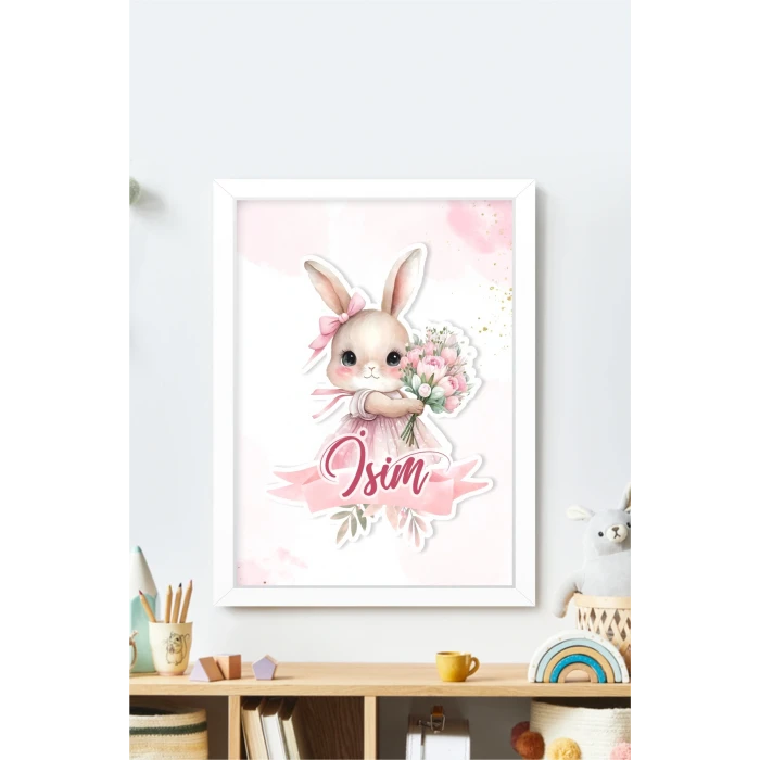 İsme Özel Pembe Çiçekli Tavşan Beyaz Çerçeve 30x40 cm Tablo, Hastane Odası Kapı Süsü, Çocuk Odası, Dekorasyon