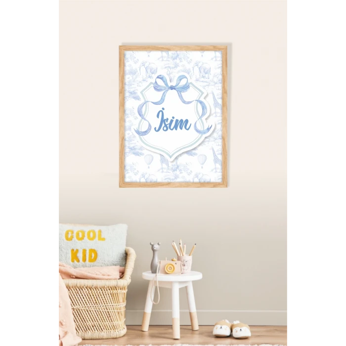 İsme Özel Mavi Fiyonklu Safari Ahşap Çerçeve 30x40cm Tablo, Hastane Odası Kapı Süsü, Çocuk Odası, Dekorasyon