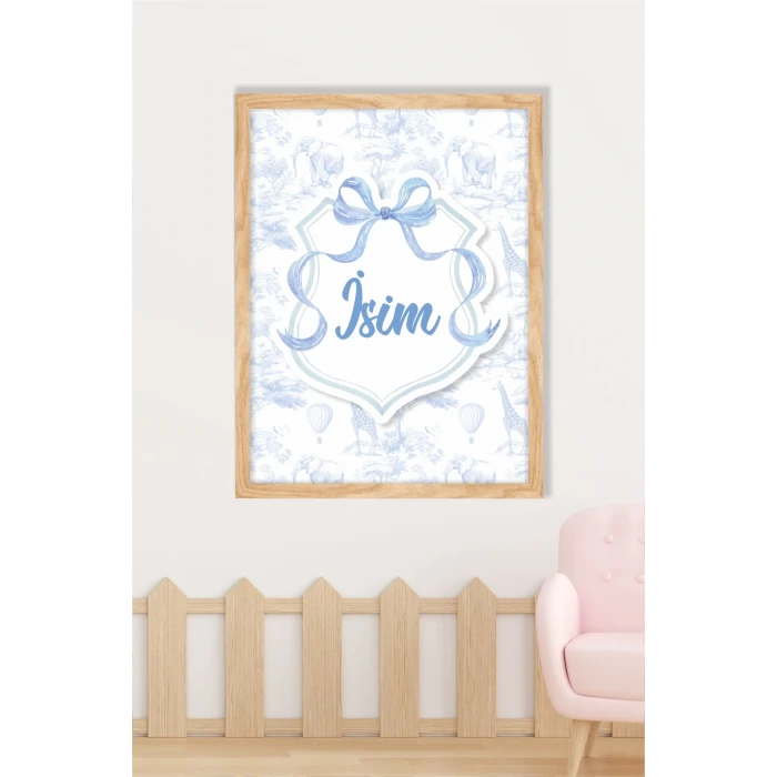 İsme Özel Mavi Fiyonklu Safari Ahşap Çerçeve 30x40cm Tablo, Hastane Odası Kapı Süsü, Çocuk Odası, Dekorasyon