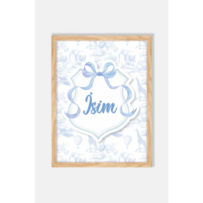 İsme Özel Mavi Fiyonklu Safari Ahşap Çerçeve 30x40cm Tablo, Hastane Odası Kapı Süsü, Çocuk Odası, Dekorasyon