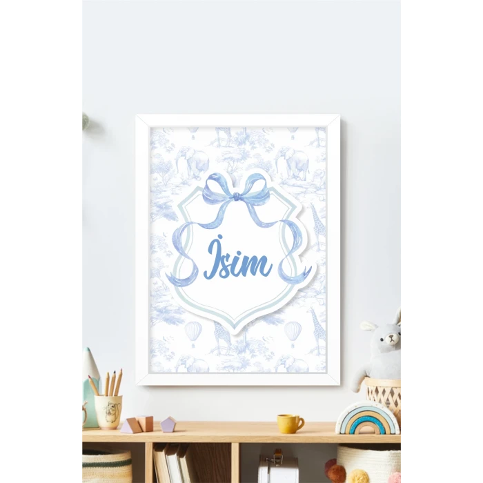 İsme Özel Mavi Fiyonklu Safari Beyaz Çerçeve 30x40 cm Tablo, Hastane Odası Kapı Süsü, Çocuk Odası, Dekorasyon