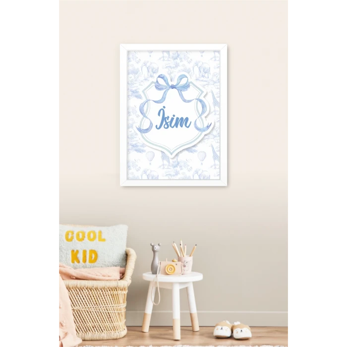 İsme Özel Mavi Fiyonklu Safari Beyaz Çerçeve 30x40 cm Tablo, Hastane Odası Kapı Süsü, Çocuk Odası, Dekorasyon