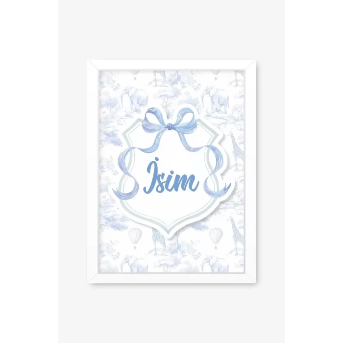 İsme Özel Mavi Fiyonklu Safari Beyaz Çerçeve 30x40 cm Tablo, Hastane Odası Kapı Süsü, Çocuk Odası, Dekorasyon