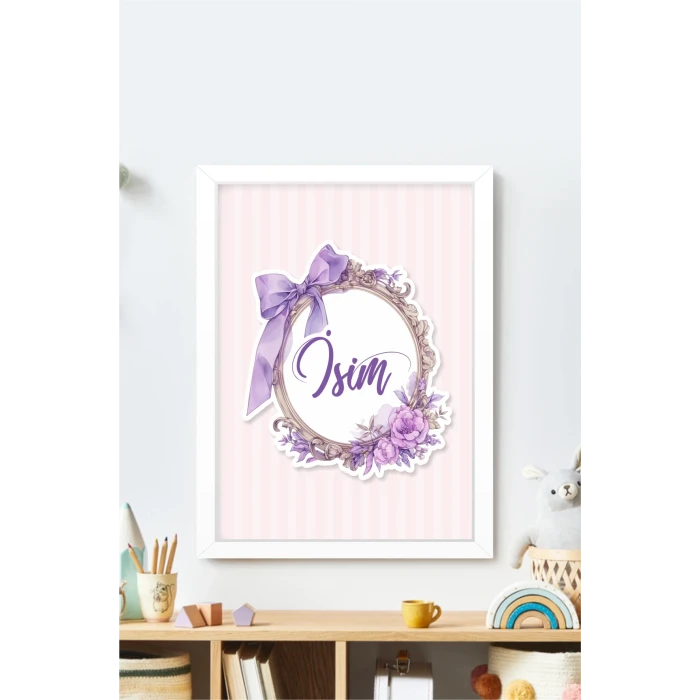 İsme Özel Mor Fiyonk Beyaz Çerçeve 30x40 cm Tablo, Hastane Odası Kapı Süsü, Çocuk Odası, Dekorasyon