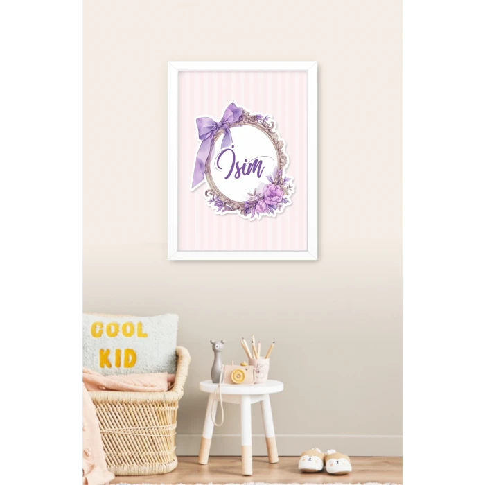 İsme Özel Mor Fiyonk Beyaz Çerçeve 30x40 cm Tablo, Hastane Odası Kapı Süsü, Çocuk Odası, Dekorasyon