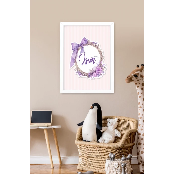 İsme Özel Mor Fiyonk Beyaz Çerçeve 30x40 cm Tablo, Hastane Odası Kapı Süsü, Çocuk Odası, Dekorasyon
