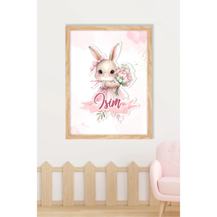İsme Özel Pembe Çiçekli Tavşan Ahşap Çerçeve 30x40 cm Tablo, Hastane Odası Kapı Süsü, Çocuk Odası, Dekorasyon