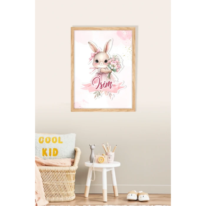 İsme Özel Pembe Çiçekli Tavşan Ahşap Çerçeve 30x40 cm Tablo, Hastane Odası Kapı Süsü, Çocuk Odası, Dekorasyon