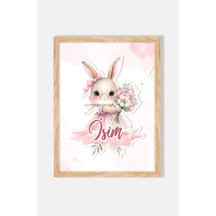 İsme Özel Pembe Çiçekli Tavşan Ahşap Çerçeve 30x40 cm Tablo, Hastane Odası Kapı Süsü, Çocuk Odası, Dekorasyon