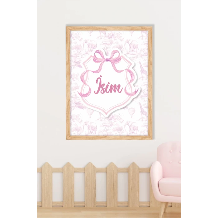 İsme Özel Pembe Fiyonklu Safari Ahşap Çerçeve 30x40cm Tablo, Hastane Odası Kapı Süsü, Çocuk Odası, Dekorasyon