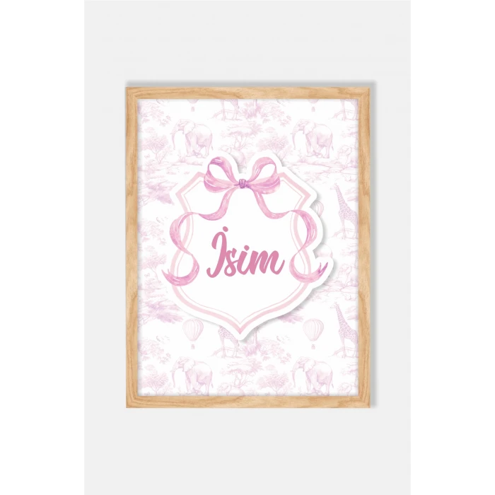 İsme Özel Pembe Fiyonklu Safari Ahşap Çerçeve 30x40cm Tablo, Hastane Odası Kapı Süsü, Çocuk Odası, Dekorasyon