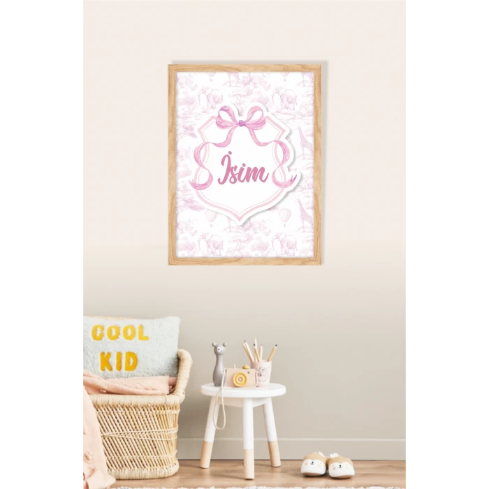İsme Özel Pembe Fiyonklu Safari Ahşap Çerçeve 30x40cm Tablo, Hastane Odası Kapı Süsü, Çocuk Odası, Dekorasyon