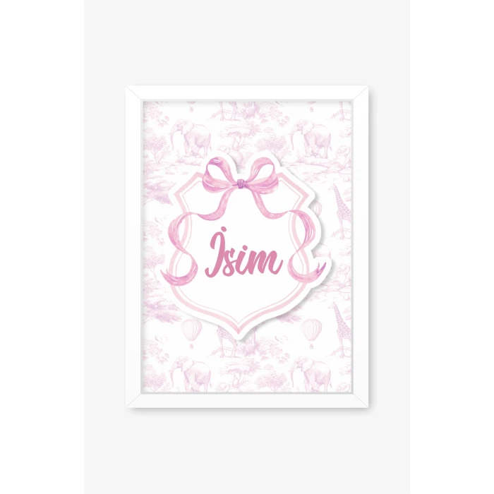 İsme Özel Pembe Fiyonklu Safari Beyaz Çerçeve 30x40 cm Tablo, Hastane Odası Kapı Süsü, Çocuk Odası, Dekorasyon