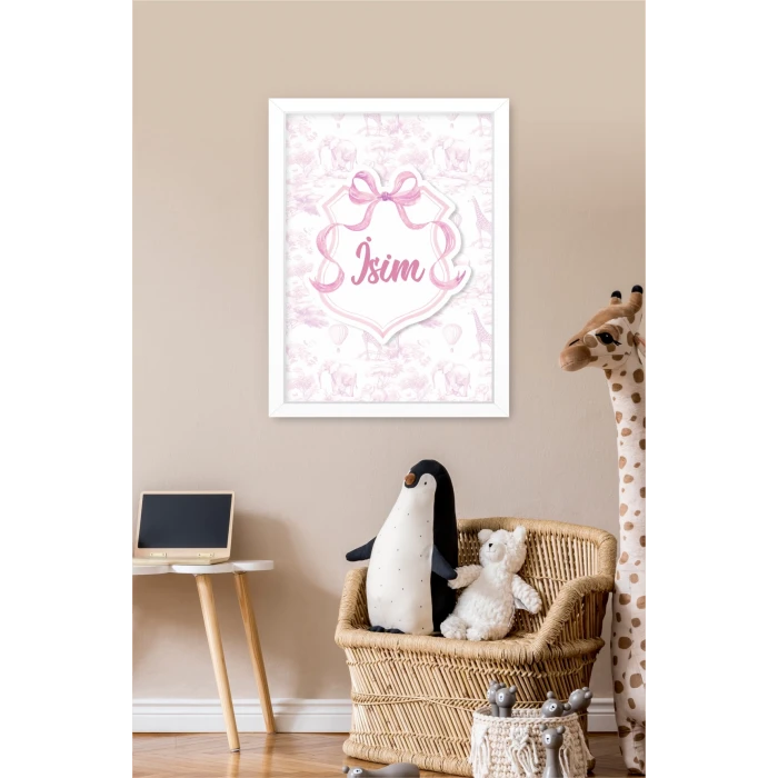 İsme Özel Pembe Fiyonklu Safari Beyaz Çerçeve 30x40 cm Tablo, Hastane Odası Kapı Süsü, Çocuk Odası, Dekorasyon