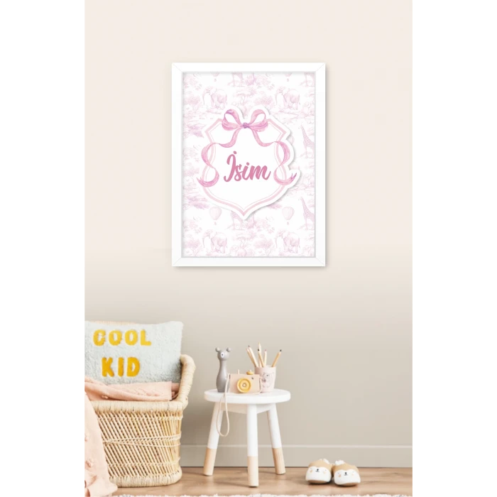 İsme Özel Pembe Fiyonklu Safari Beyaz Çerçeve 30x40 cm Tablo, Hastane Odası Kapı Süsü, Çocuk Odası, Dekorasyon