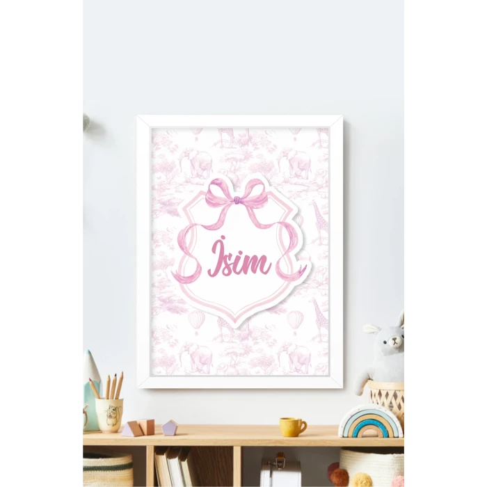İsme Özel Pembe Fiyonklu Safari Beyaz Çerçeve 30x40 cm Tablo, Hastane Odası Kapı Süsü, Çocuk Odası, Dekorasyon