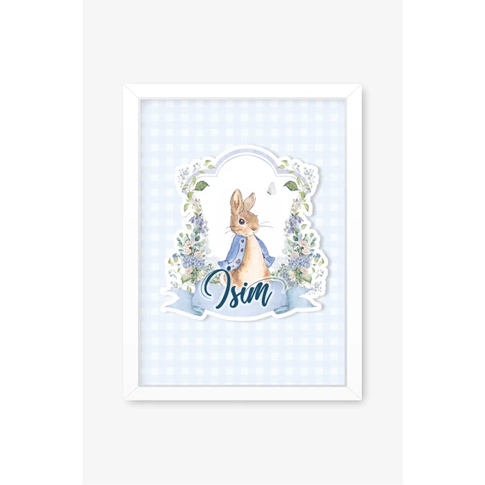 İsme Özel Peter Rabbit Beyaz Çerçeve 30x40 cm Tablo, Hastane Odası Kapı Süsü, Çocuk Odası, Dekorasyon
