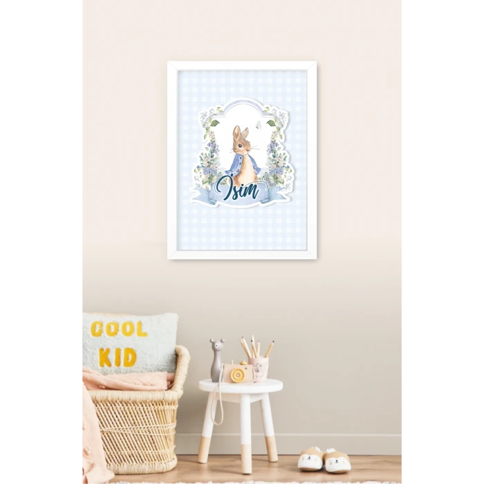 İsme Özel Peter Rabbit Beyaz Çerçeve 30x40 cm Tablo, Hastane Odası Kapı Süsü, Çocuk Odası, Dekorasyon