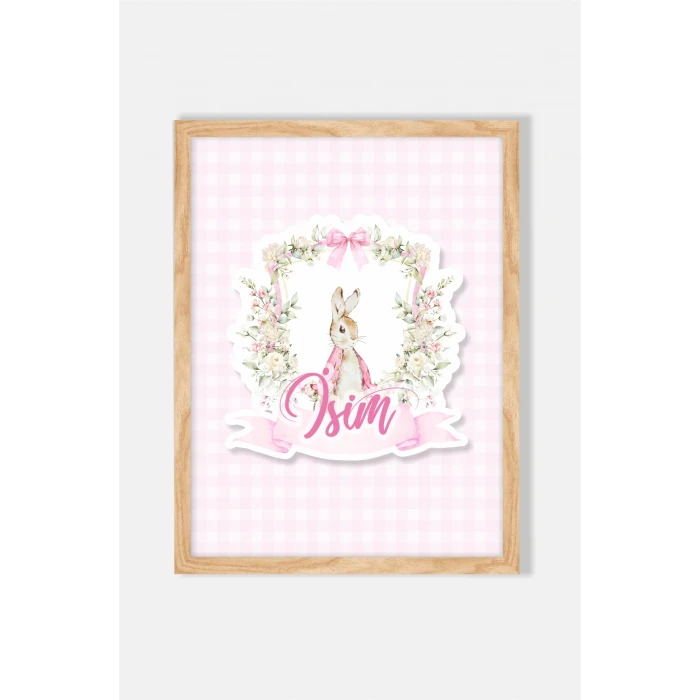 İsme Özel Pink Rabbit Ahşap Çerçeve 30x40 cm Tablo, Hastane Odası Kapı Süsü, Çocuk Odası, Dekorasyon