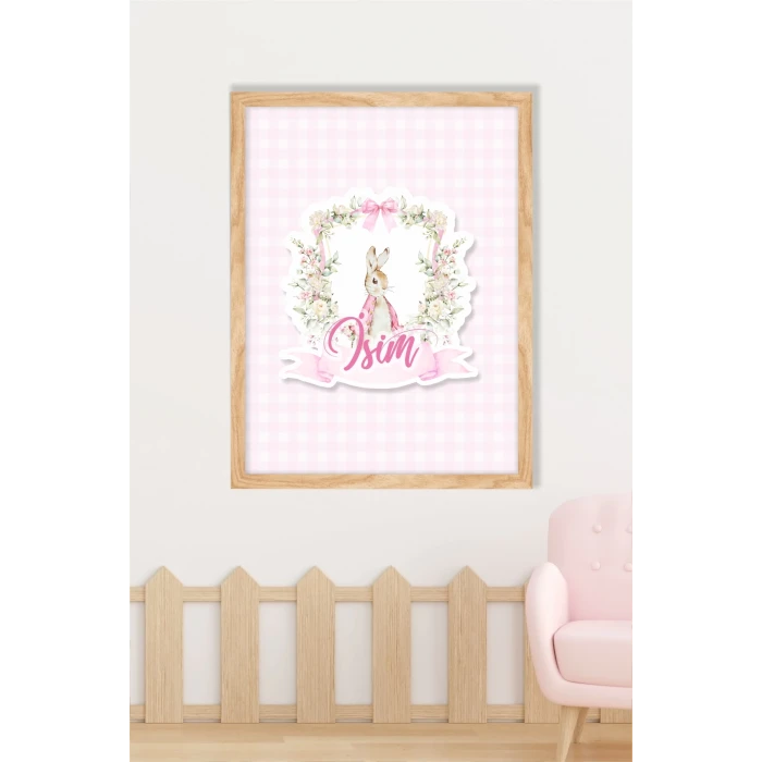 İsme Özel Pink Rabbit Ahşap Çerçeve 30x40 cm Tablo, Hastane Odası Kapı Süsü, Çocuk Odası, Dekorasyon