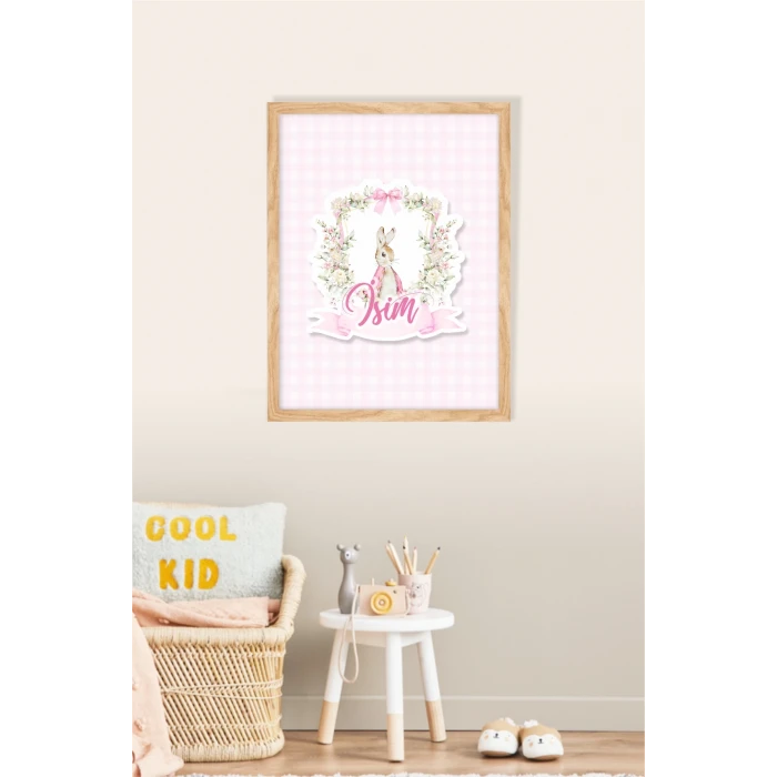İsme Özel Pink Rabbit Ahşap Çerçeve 30x40 cm Tablo, Hastane Odası Kapı Süsü, Çocuk Odası, Dekorasyon