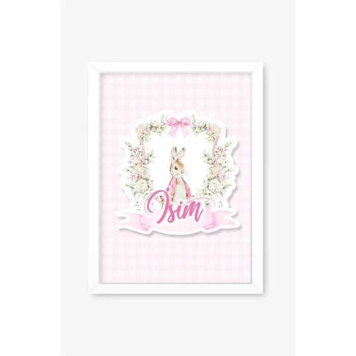 İsme Özel Pink Rabbit Beyaz Çerçeve 30x40 cm Tablo, Hastane Odası Kapı Süsü, Çocuk Odası, Dekorasyon