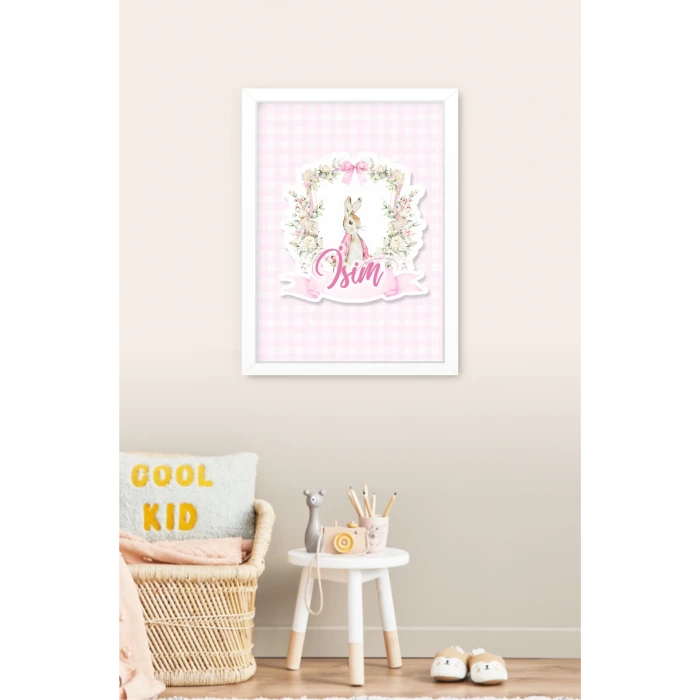 İsme Özel Pink Rabbit Beyaz Çerçeve 30x40 cm Tablo, Hastane Odası Kapı Süsü, Çocuk Odası, Dekorasyon