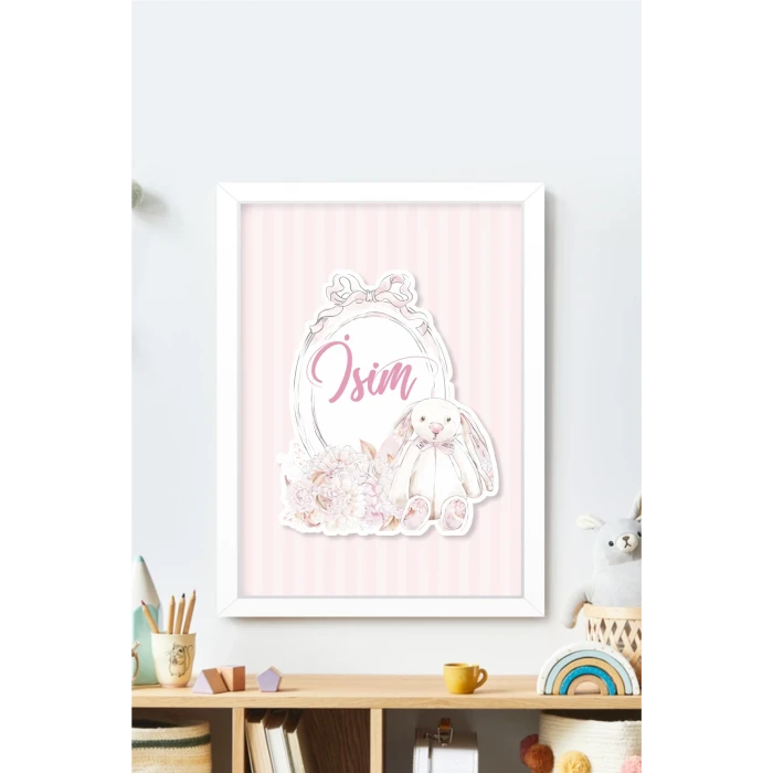 İsme Özel Soft Pink Tavşan Beyaz Çerçeve 30x40 cm Tablo, Hastane Odası Kapı Süsü, Çocuk Odası, Dekorasyon