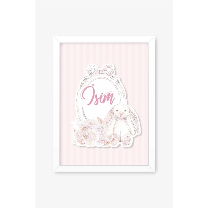İsme Özel Soft Pink Tavşan Beyaz Çerçeve 30x40 cm Tablo, Hastane Odası Kapı Süsü, Çocuk Odası, Dekorasyon