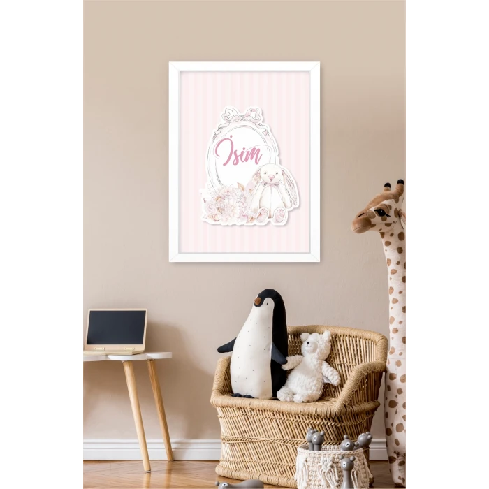 İsme Özel Soft Pink Tavşan Beyaz Çerçeve 30x40 cm Tablo, Hastane Odası Kapı Süsü, Çocuk Odası, Dekorasyon