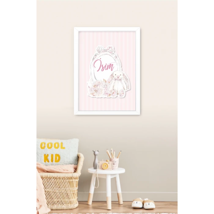 İsme Özel Soft Pink Tavşan Beyaz Çerçeve 30x40 cm Tablo, Hastane Odası Kapı Süsü, Çocuk Odası, Dekorasyon