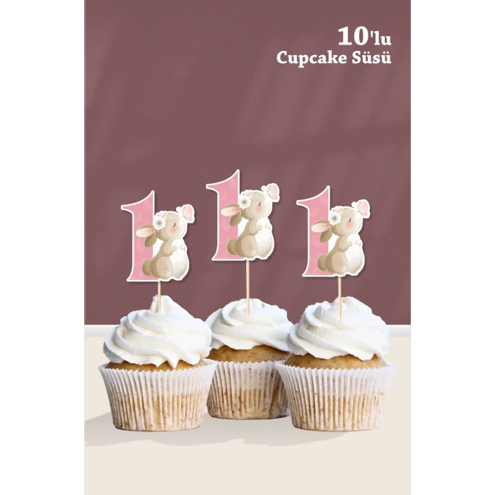 Kelebekli Tavşan 1 Yaşında Cupcake Süsü 10lu