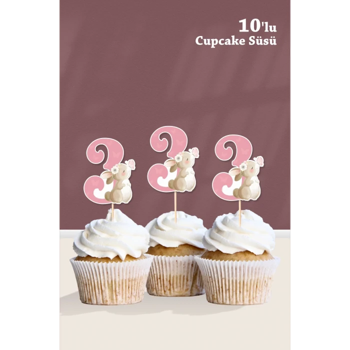 Kelebekli Tavşan 3 Yaşında Cupcake Süsü 10lu