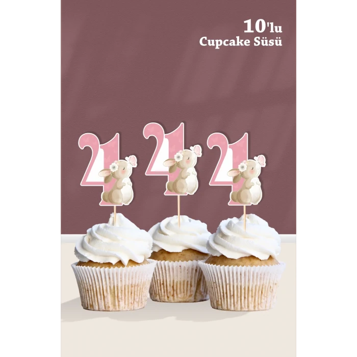 Kelebekli Tavşan 4 Yaşında Cupcake Süsü 10lu