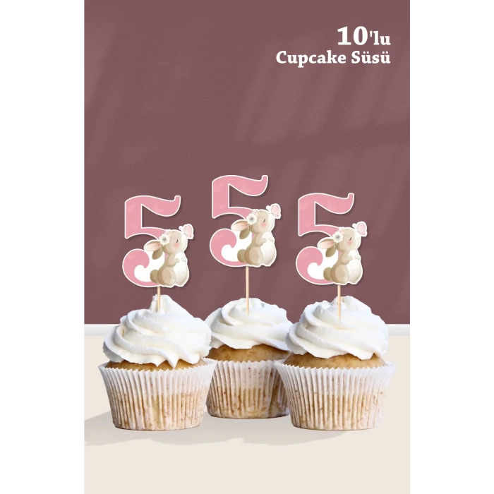 Kelebekli Tavşan 5 Yaşında Cupcake Süsü 10lu