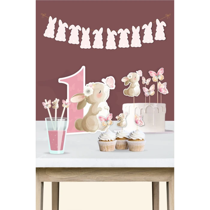 Kelebekli Tavşan Teması 1 Yaş Doğum Günü Seti
