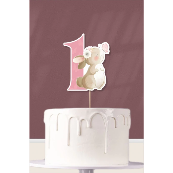 Kelebekli Tavşan Teması 1 Yaşında (Bir) Pasta Süsü *Kalın Kağıt